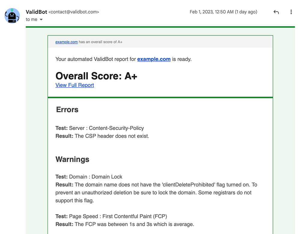 Screenshot showing an emailed report from ValidBot